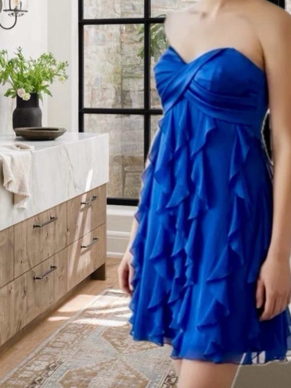 Xscape by Joanna Chen Blue Strapless Tiered Ruffled Chiffon Dress Sz 8